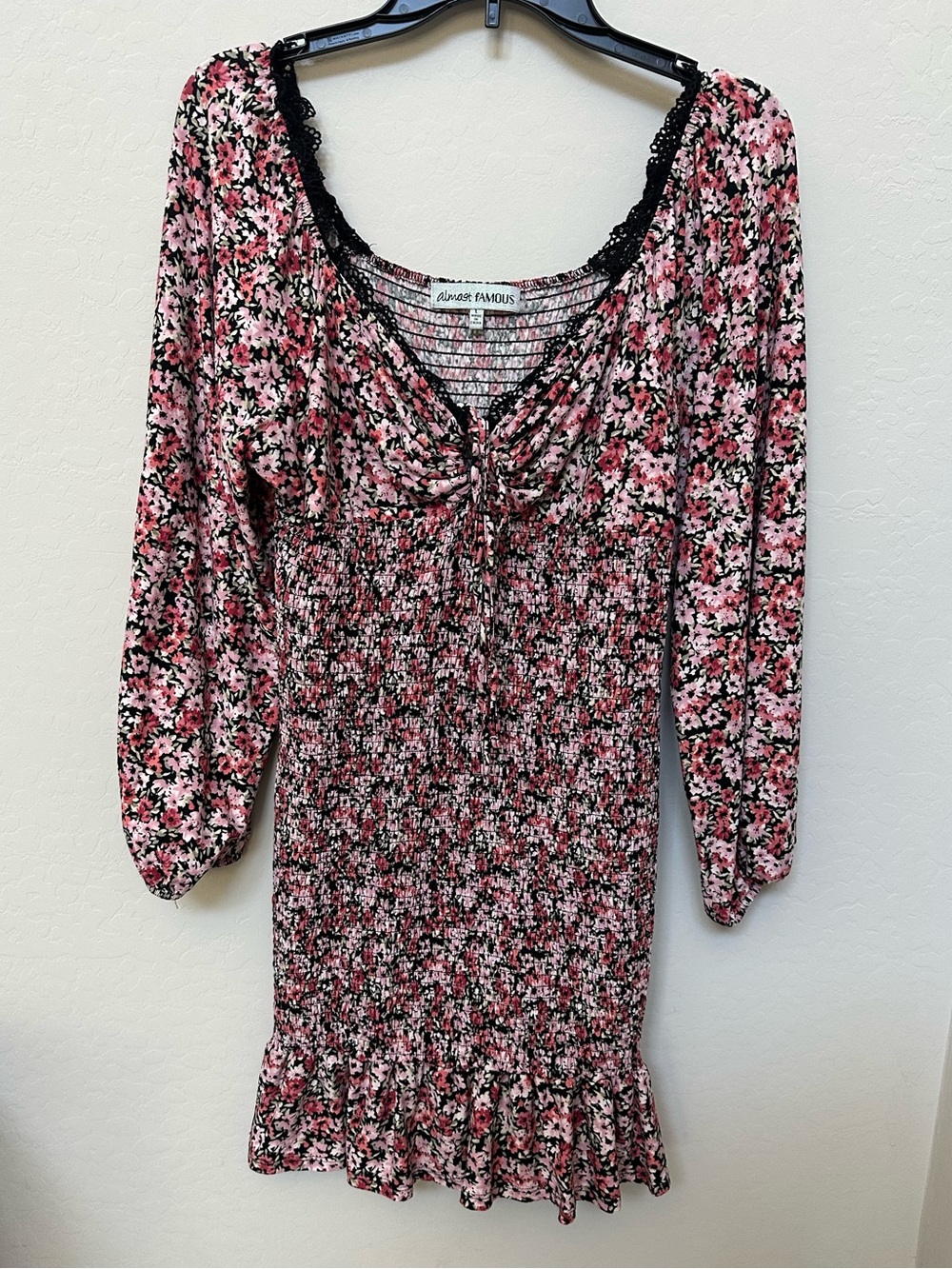 Almost Famous Pink & Black Floral Smocked Long Sleeve Mini Dress - Picture 2 of 9
